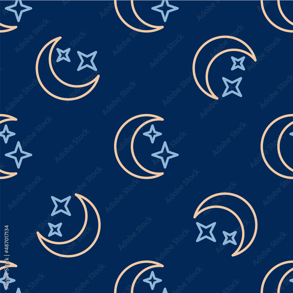 Line Moon and stars icon isolated seamless pattern on blue background. Cloudy night sign. Sleep dreams symbol. Full moon. Night or bed time sign. Vector Line Moon and stars icon isolated seamless pattern on blue background. Cloudy night sign. Sleep dreams symbol. Full moon. Night or bed time sign. Vector