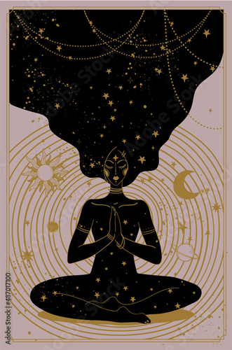 A mystical woman sits in a lotus position and meditates, a cosmic background with stars and planets, the concept of spiritual development, the search for a destiny. Vector illustration, poster.