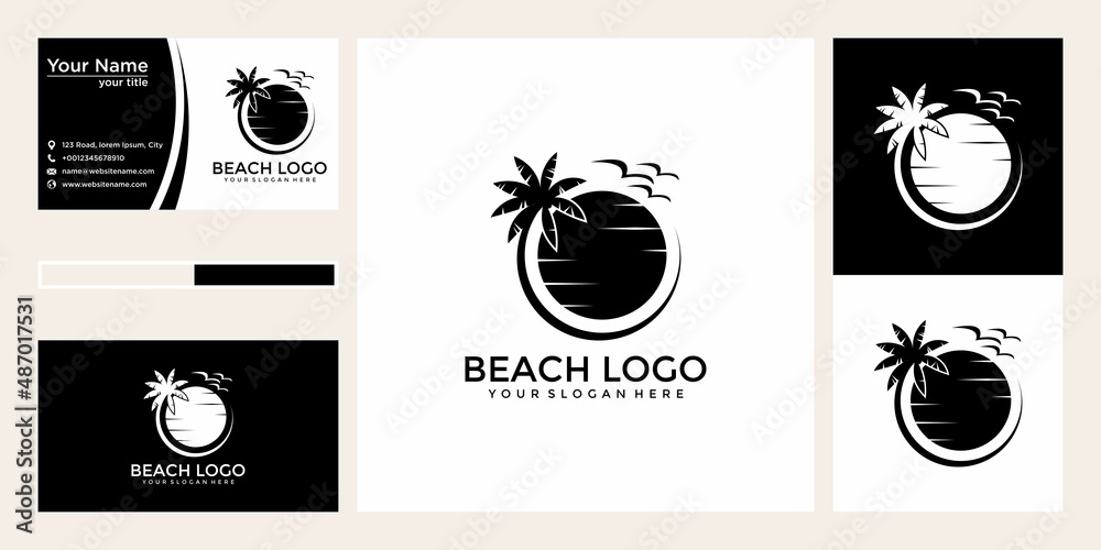 abstract sun with coconut tree logo design