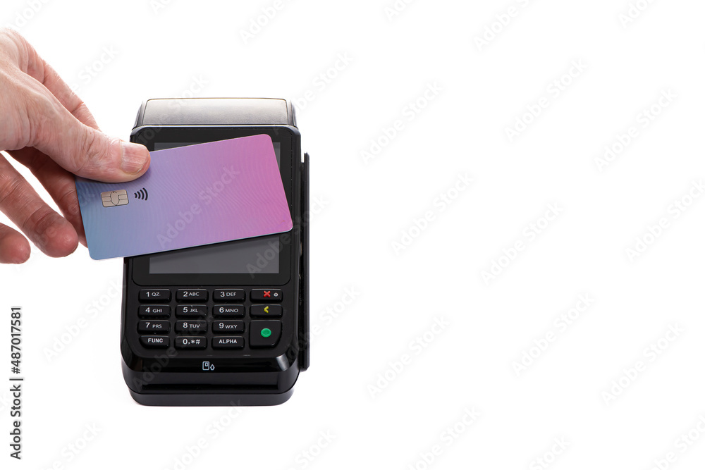 a payment terminal with a plastic card attached to it on a white isolated background close-up, copy space a payment terminal with a plastic card attached to it on a white isolated background close-up, copy space
