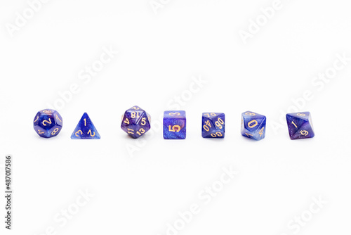 Space games. Board game polyhedral dices with different sides isolated on white background	
