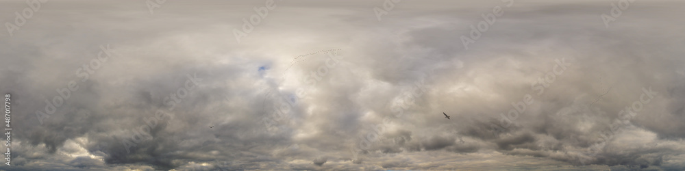 Overcast sky panorama on rainy day with Nimbostratus clouds in seamless spherical equirectangular format. Full zenith for use in 3D graphics, game and for aerial drone 360 degree panorama as sky dome.
