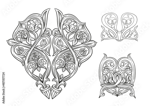 Interlacing abstract ornament in the medieval, romanesque style. Element for design. Outline Vector illustration. Isolated on white background.