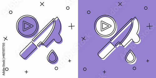 Set Thriller movie icon isolated on white and purple background. Bloody knife. Suspenseful cinema genre, survival horror. Shocking films with gore and violence. Vector