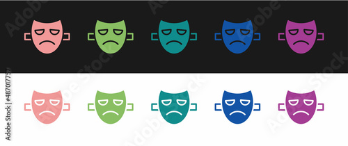 Set Drama theatrical mask icon isolated on black and white background. Vector
