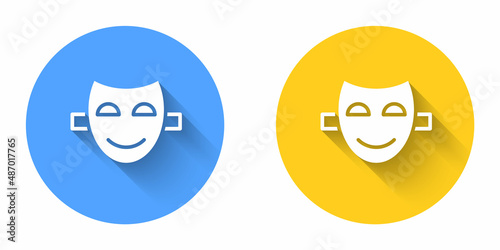 White Comedy theatrical mask icon isolated with long shadow background. Circle button. Vector