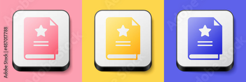 Isometric Scenario icon isolated on pink, yellow and blue background. Script reading concept for art project, films, theaters. Square button. Vector