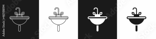 Set Washbasin with water tap icon isolated on black and white background. Vector