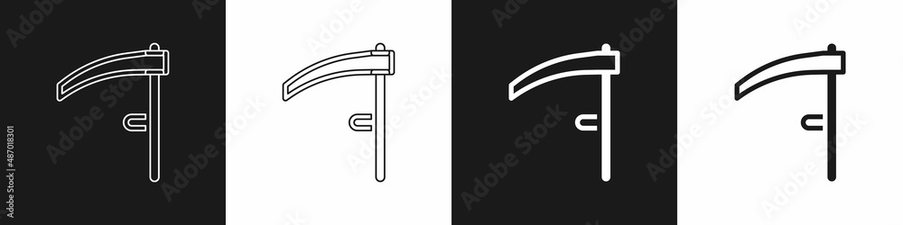 Set Scythe icon isolated on black and white background. Happy Halloween party. Vector Set Scythe icon isolated on black and white background. Happy Halloween party. Vector