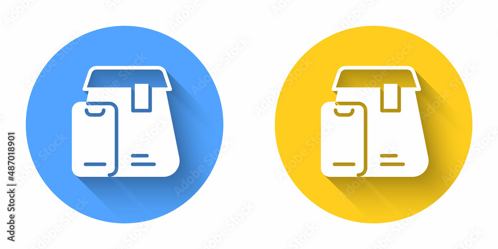 White Online ordering and fast food delivery icon isolated with long shadow background. Circle button. Vector White Online ordering and fast food delivery icon isolated with long shadow background. Circle button. Vector
