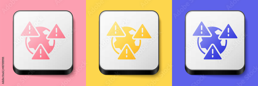 Isometric Planet earth symbol with exclamation mark icon isolated on pink, yellow and blue background. Global earth, Exclamation mark danger. Square button. Vector Isometric Planet earth symbol with exclamation mark icon isolated on pink, yellow and blue background. Global earth, Exclamation mark danger. Square button. Vector