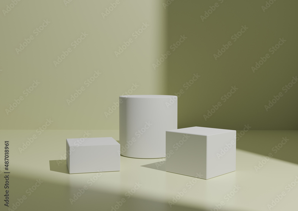 Simple Minimal Three White Podium or Stand Composition for Product Display. Geometric form 3D Rendering Light, Pastel Yellow Background with Window Light From Right Side. Simple Minimal Three White Podium or Stand Composition for Product Display. Geometric form 3D Rendering Light, Pastel Yellow Background with Window Light From Right Side.