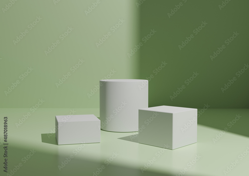 Simple Minimal Three White Podium or Stand Composition for Product Display. Geometric form 3D Rendering Light, Pastel Green Background with Window Light From Right Side.