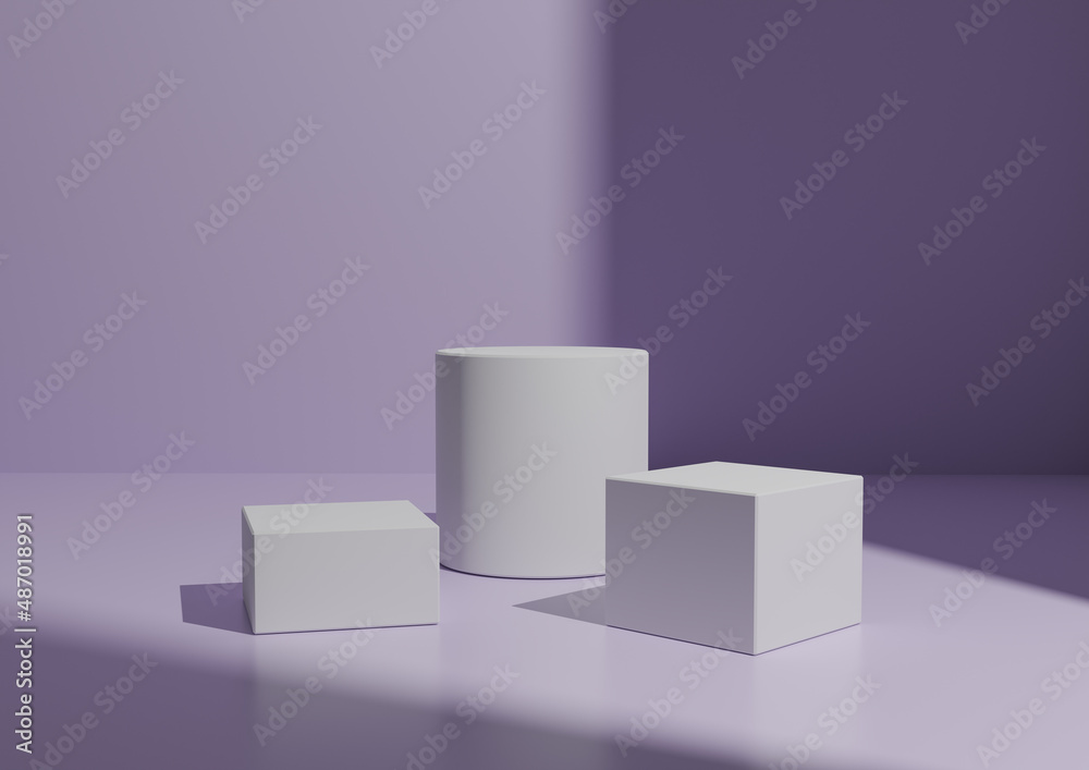Simple Minimal Three White Podium or Stand Composition for Product Display. Geometric form 3D Rendering Light, Pastel Purple Background with Window Light From Right Side. Simple Minimal Three White Podium or Stand Composition for Product Display. Geometric form 3D Rendering Light, Pastel Purple Background with Window Light From Right Side.