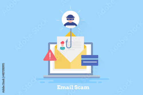 Email phishing attack - online fraud. Hacker stealing personal information, financial data via email scam network. Flat design web banner template.