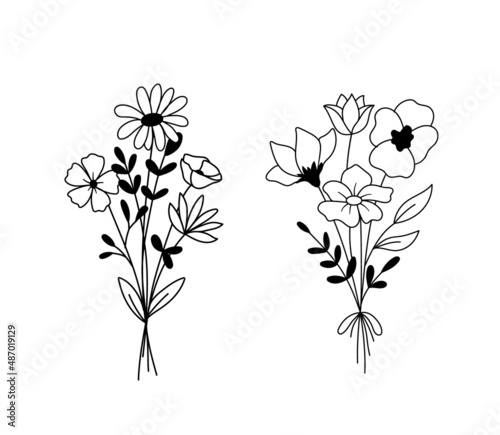 Vector line sketch illustration of bouquet of flowers. Set of wildflowers in doodle style isolated on white background. Spring or summer outline cute bouquets