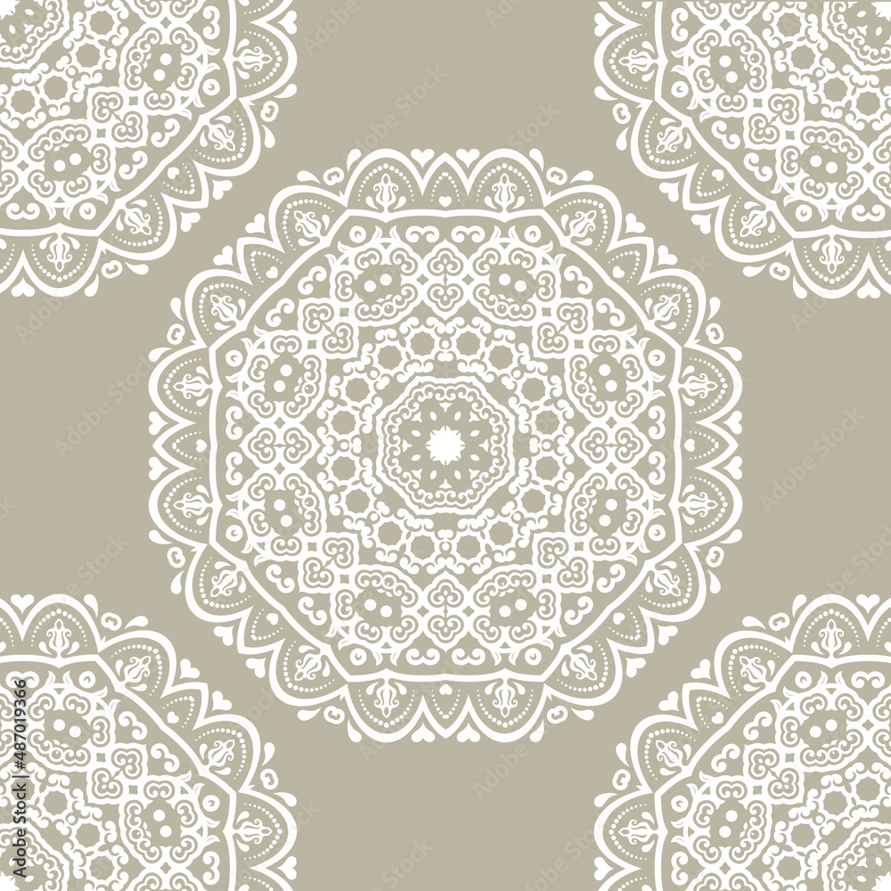 Classic seamless vector pattern. Damask orient beige and white ornament. Classic vintage background. Orient pattern for fabric and packaging