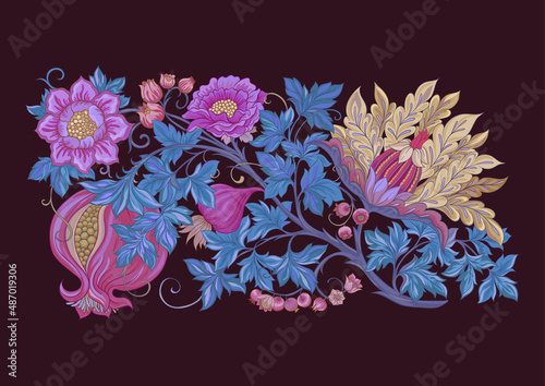 Fantasy flowers in retro, vintage, jacobean embroidery style. Element for design. Vector illustration.