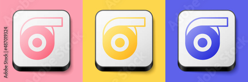 Isometric Scotch tape icon isolated on pink, yellow and blue background. Roll adhesive tape. Insulating tape. Square button. Vector