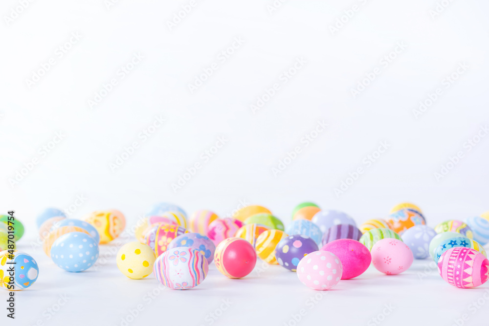 Happy Easter day colorful eggs and blurred on white background with copy space