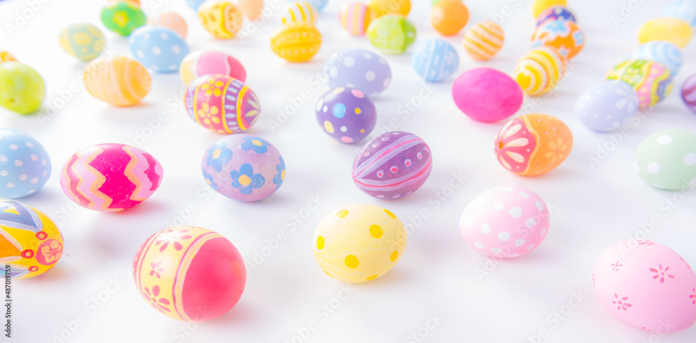 Happy Easter day colorful eggs and blurred on white background with copy space