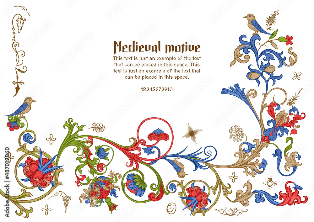 Floral vintage Medieval illuminati manuscript inspiration. Romanesque style. Template for greeting card, banner, gift voucher, label. Vector illustration