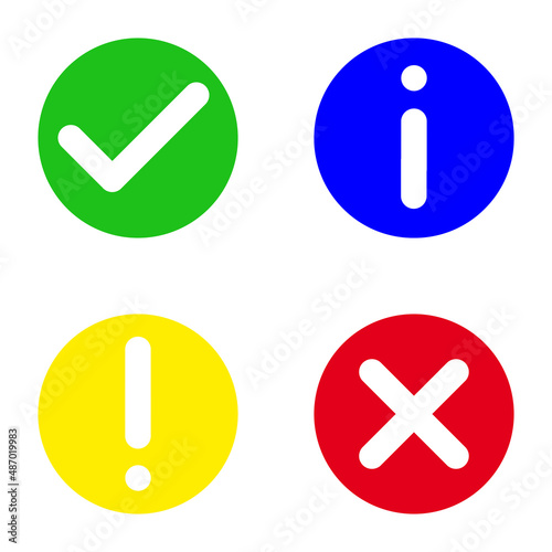 Green, yellow, blue and red icon, four symbols for passed, attention, information and rejected, isolated on white background
