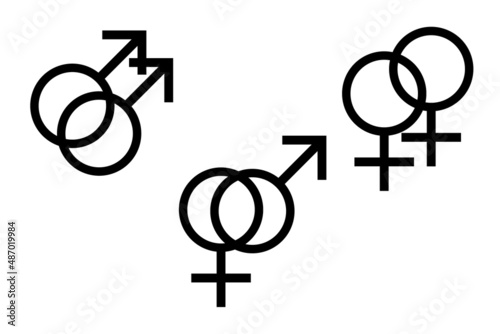 Black symbols for homosexual and heterosexual couples, three icons isolated on white background