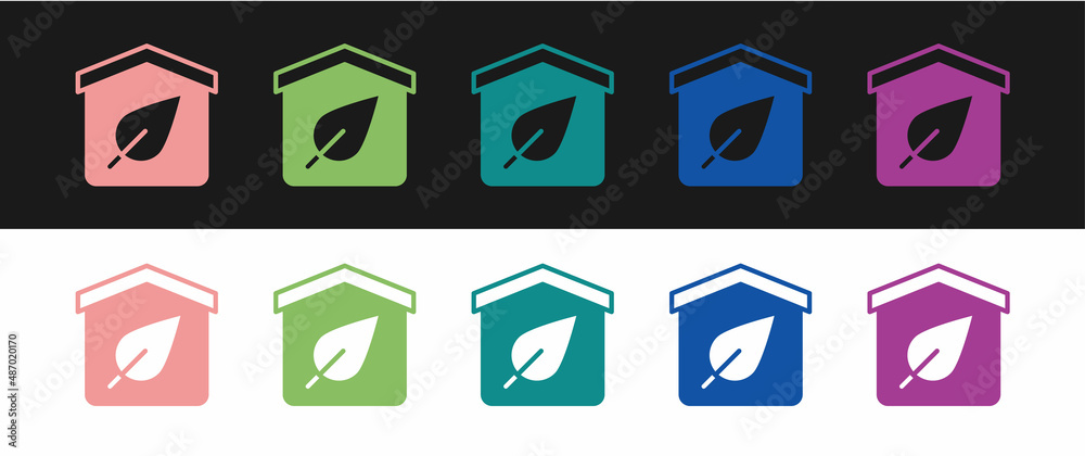 Set Eco friendly house icon isolated on black and white background. Eco house with leaf. Vector Set Eco friendly house icon isolated on black and white background. Eco house with leaf. Vector