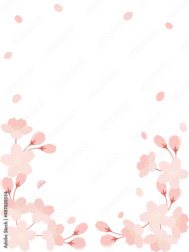 桜の花と花びらのイラストの背景素材　縦長