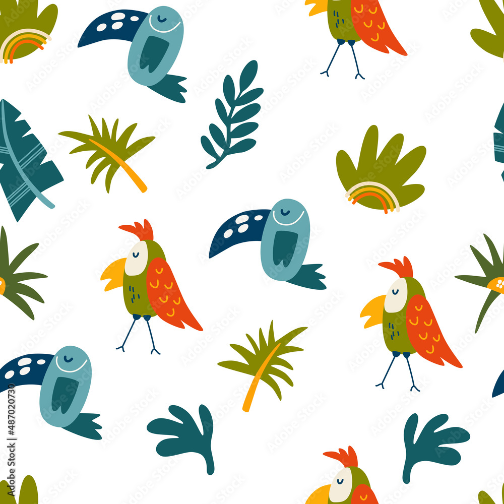 Obraz premium Parrots and tropical leaves seamless pattern. Jungles background. Endless background in childish style for fabric, textile, kids and wallpaper. Vector cartoon illustration