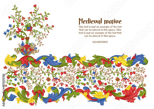 Floral vintage Medieval illuminati manuscript inspiration. Romanesque style. Template for greeting card, banner, gift voucher, label. Vector illustration