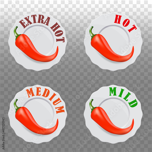 Icons with Chili Pepper Spice Levels. Hot pepper sign for packing spicy food. Mild, medium and extra hot pepper sauce stickers. Vector illustration.