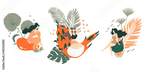 Concept illustration with woman, exotic fruits and jungle leaves.