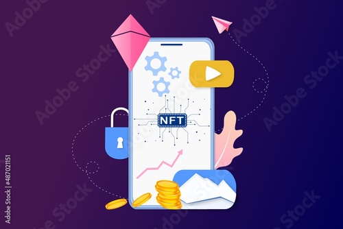 NFT non fungible token infographic with lines and dots network. Pay for unique collectible in video, game, art. Isometric vector illustration of NFT with blockchain technology for web, banner template