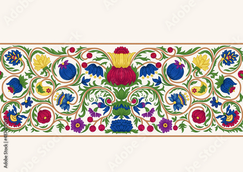 Fantasy flowers in retro, vintage, embroidery style. Seamless pattern, background. Colored vector illustration.