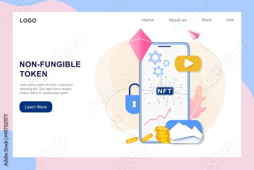 NFT non fungible token infographic with lines and dots network. Pay for unique collectible in video, game, art. Isometric vector illustration of NFT with blockchain technology for web, banner template