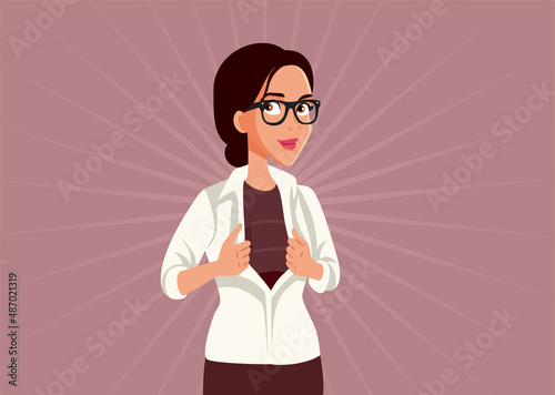 Superhero Woman Opening Her Shirt Vector Cartoon Illustration