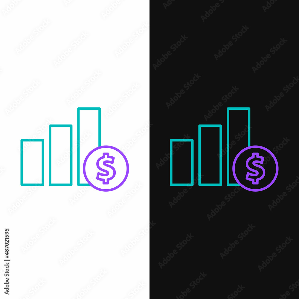 Line Pie chart infographic and dollar symbol icon isolated on white and black background. Diagram chart sign. Colorful outline concept. Vector Line Pie chart infographic and dollar symbol icon isolated on white and black background. Diagram chart sign. Colorful outline concept. Vector