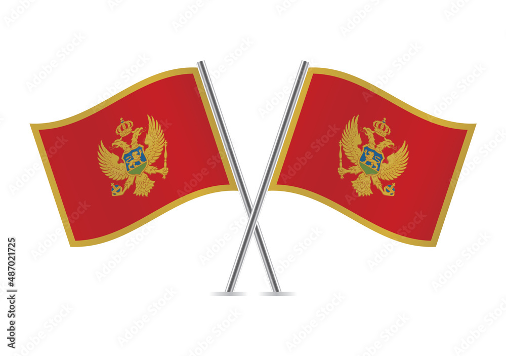 Montenegro crossed flags. Montenegrin flags isolated on white background. Vector icon set. Vector illustration. Montenegro crossed flags. Montenegrin flags isolated on white background. Vector icon set. Vector illustration.