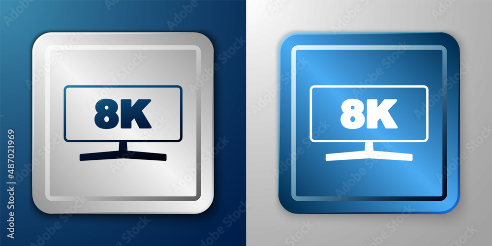 White Computer monitor icon isolated on blue and grey background. PC component sign. Silver and blue square button. Vector White Computer monitor icon isolated on blue and grey background. PC component sign. Silver and blue square button. Vector
