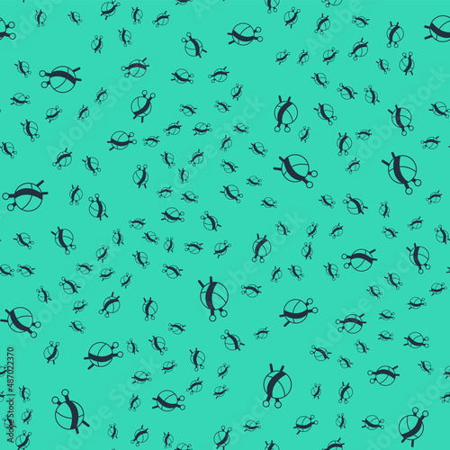 Black Yarn ball with knitting needles icon isolated seamless pattern on green background. Label for hand made, knitting or tailor shop. Vector