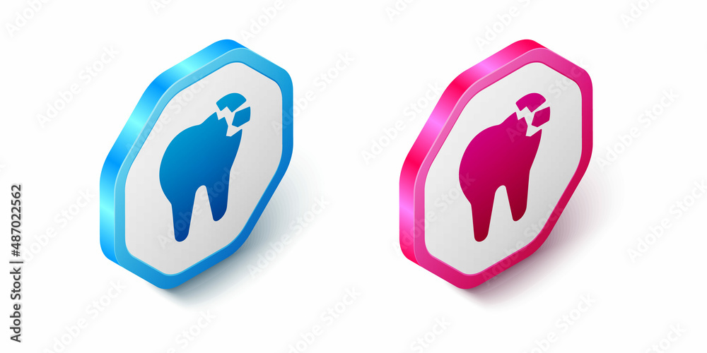 Isometric Broken tooth icon isolated on white background. Dental problem icon. Dental care symbol. Hexagon button. Vector Isometric Broken tooth icon isolated on white background. Dental problem icon. Dental care symbol. Hexagon button. Vector