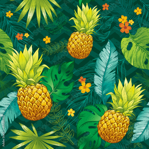Summer seamless pattern with pineapples. Tropical fruit, flowers and leaves of palm and monstera in sketch style. Vector hand drawn background with exotic fruit, ananas and jungle plants