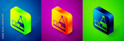 Isometric Bottle of sake, small cup of sake icon isolated on blue, purple and green background. Square button. Vector