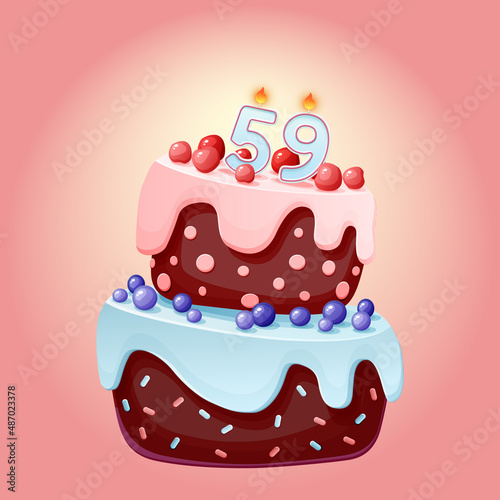 Fifty nine years birthday cake with candles number 59. Cute cartoon festive vector image. Chocolate biscuit with berries, cherries and blueberries. Happy Birthday illustration for parties photo