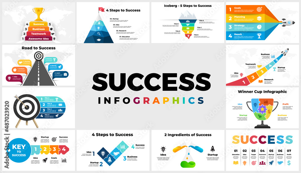 Successful startup. Business Infographics. Presentation slide templates. 2, 3, 4, 5, 6, 7 steps. Stairs up. Mountain peak. Financial scheme chart, graph, circle diagram, reports. strategy. 
