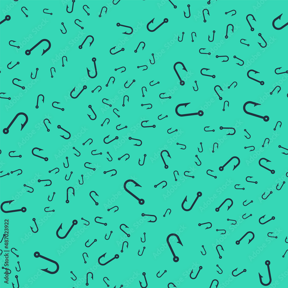 Black Fishing hook icon isolated seamless pattern on green background. Fishing tackle. Vector