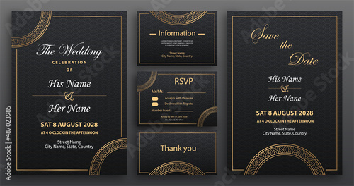 Chinese oriental wedding invitation card template with oriental elements on color background