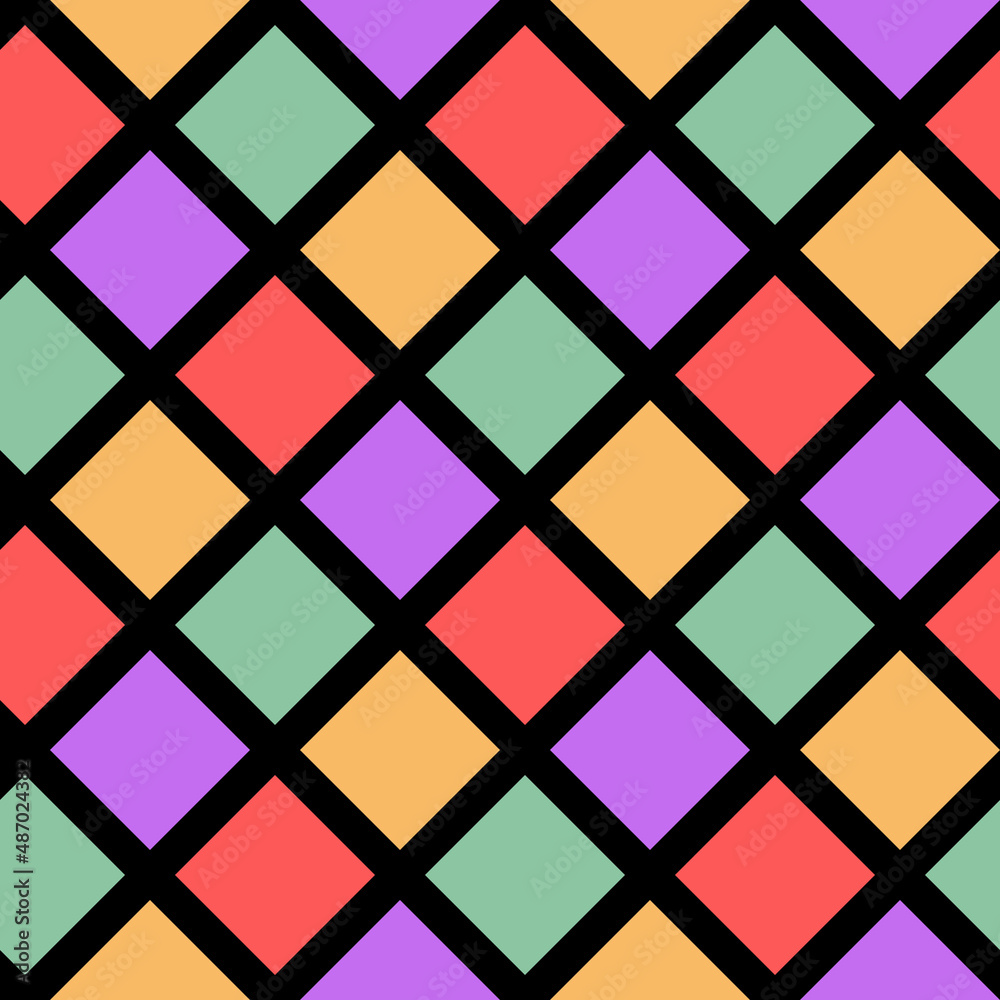 Seamless pattern of pink, yellow, red, green rhombuses on a black background for textile.